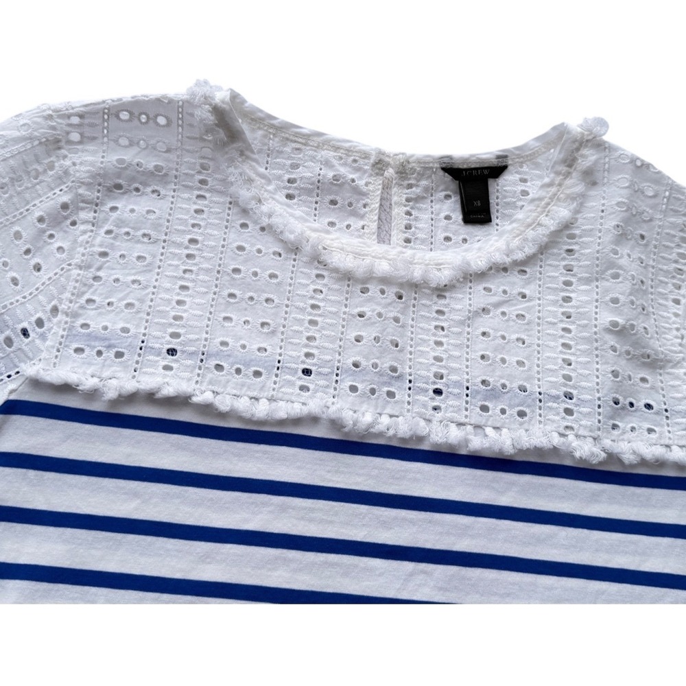 J.Crew Womens XS Mixed Media Eyelet Lace Striped Short Sleeve Top Blue White - Picture 8 of 10